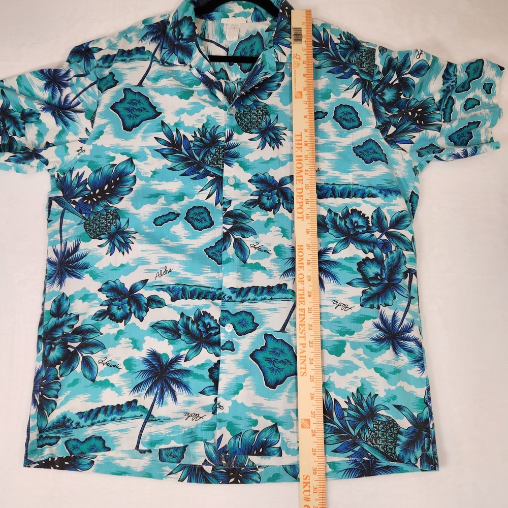 Vintage Made in Hawaii Aloha Shirt Mens Large Teal Blue Tropical Pineapple Palm - Picture 5 of 5